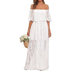 Women's Off Shoulder Lace Maxi Dress Wedding Guest Bridesmaid Beach White
